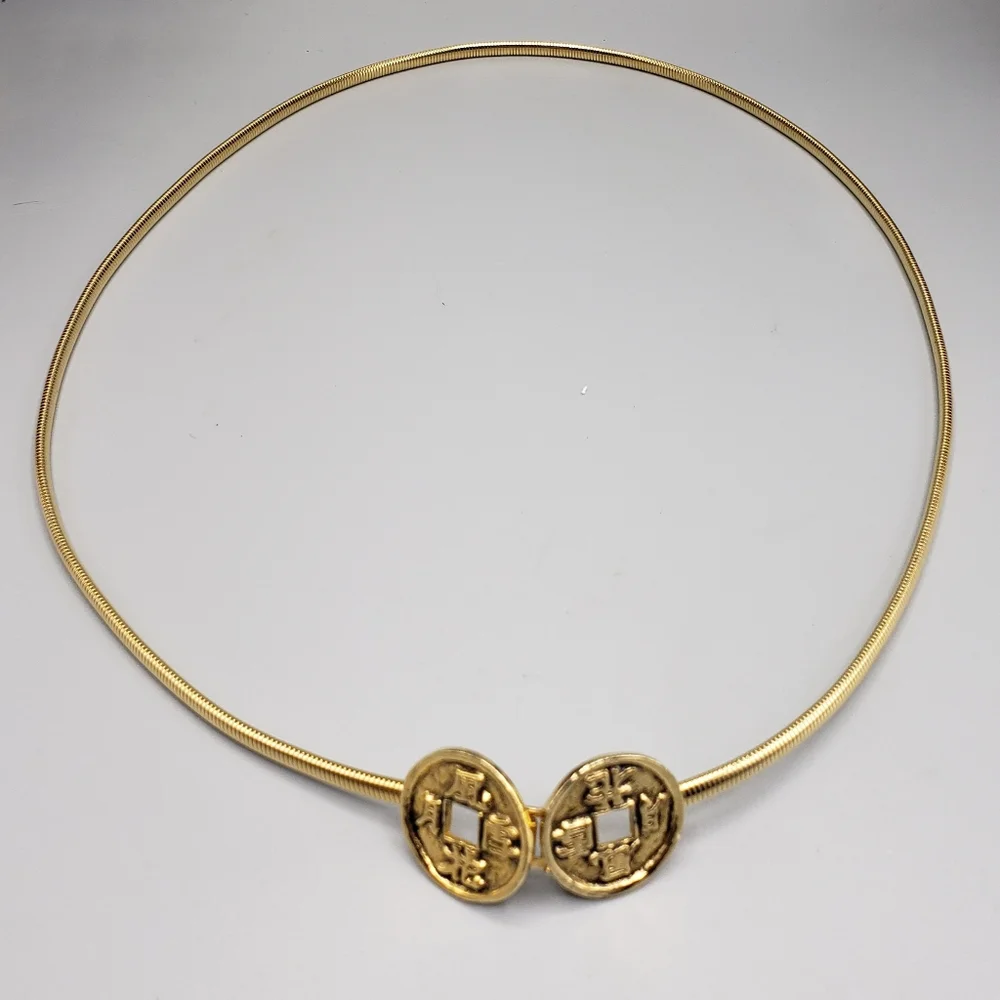 BELT Stretchy Gold w/ Oriental Asian Engravings Vintage Retro Minimalist S/M